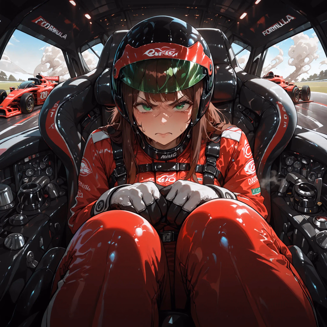 Character image - Angry expression, sitting in Formula 1 race car, wearing red racing suit and helmet, hands gripping 