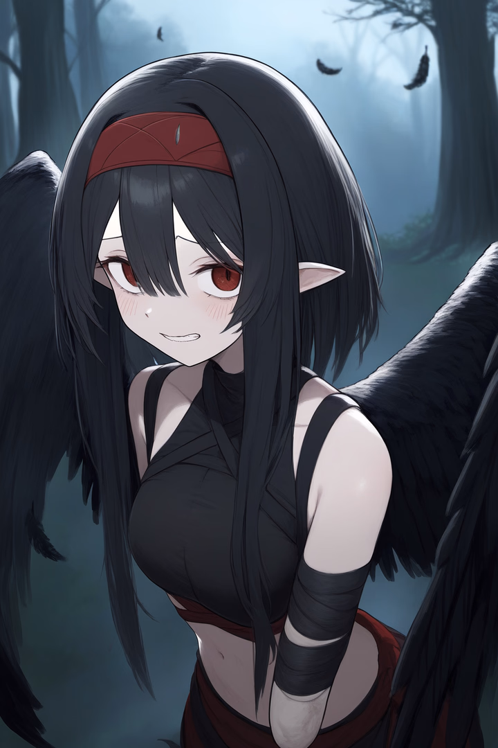 Character image - in forest, standing, black wings, red eyes, shy smile, wearing black top and red headband, arms wrap