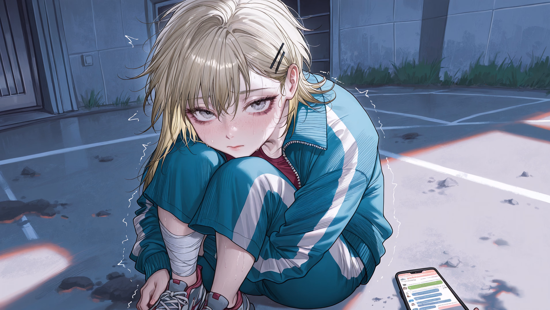 Character image - sad expression, sitting on wet pavement, wearing wet teal tracksuit with white stripes, blonde hair 