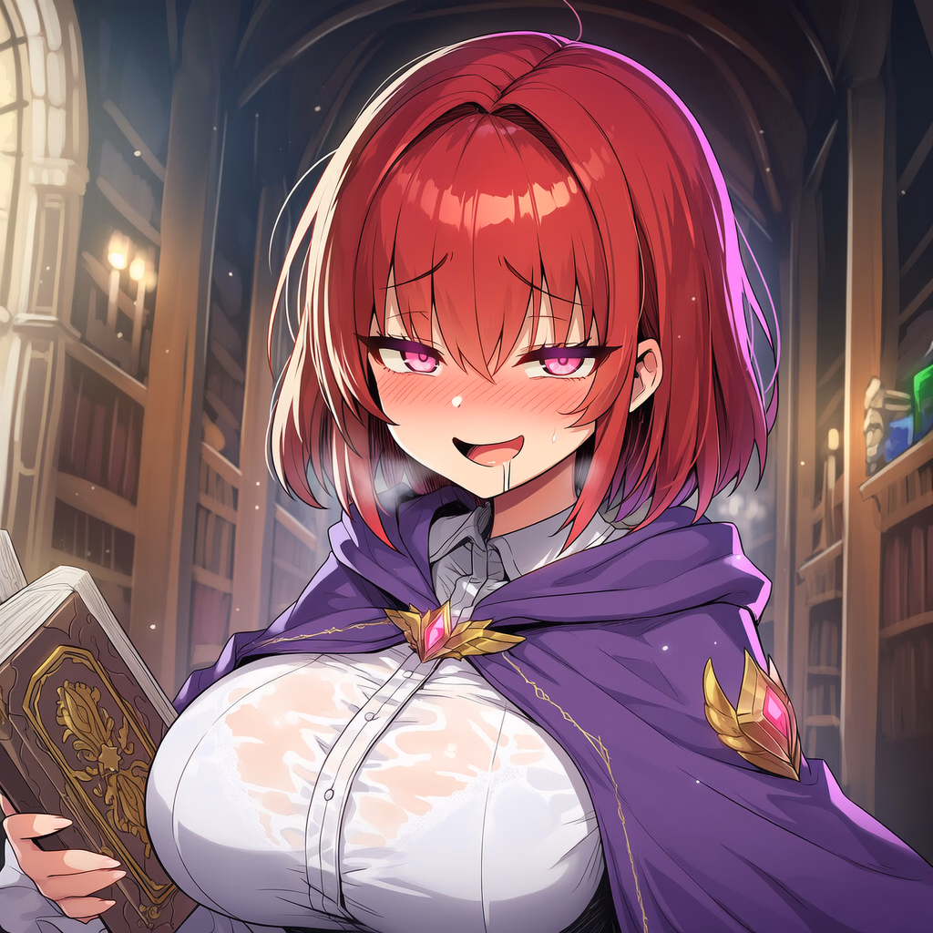 Character image - in library, red-haired woman in purple cloak and white shirt, blushing and aroused with drool, holdi