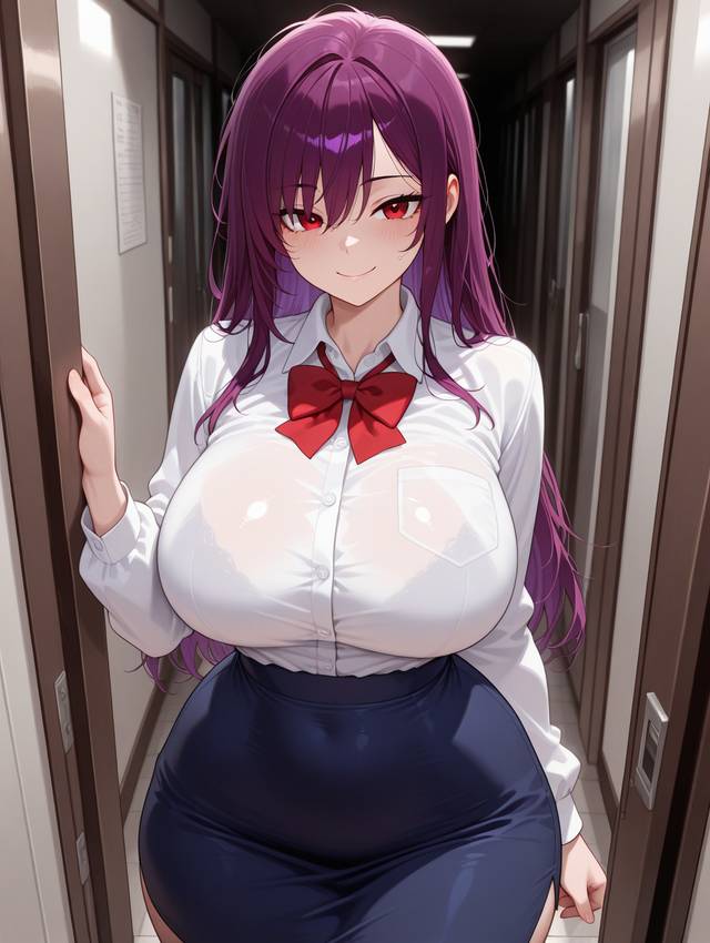 Character image - standing in hallway, wearing white blouse and red bow with large breasts visible, dark blue skirt, p