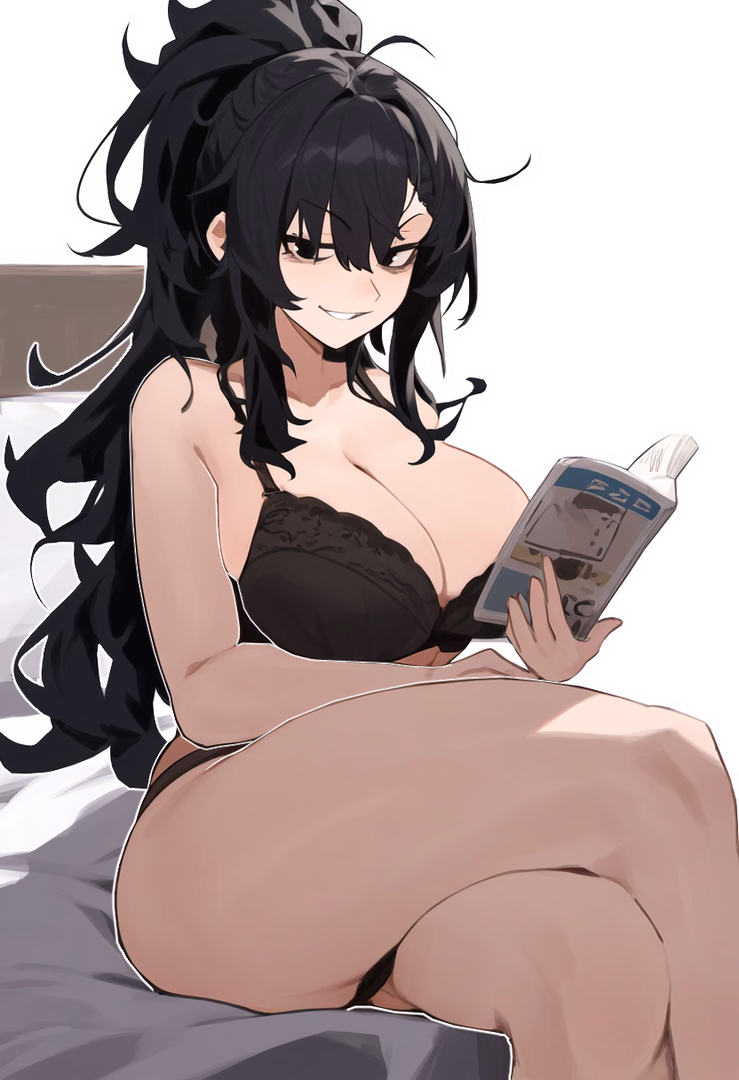 Character image - nude on bed, legs spread, holding magazine, seductive expression