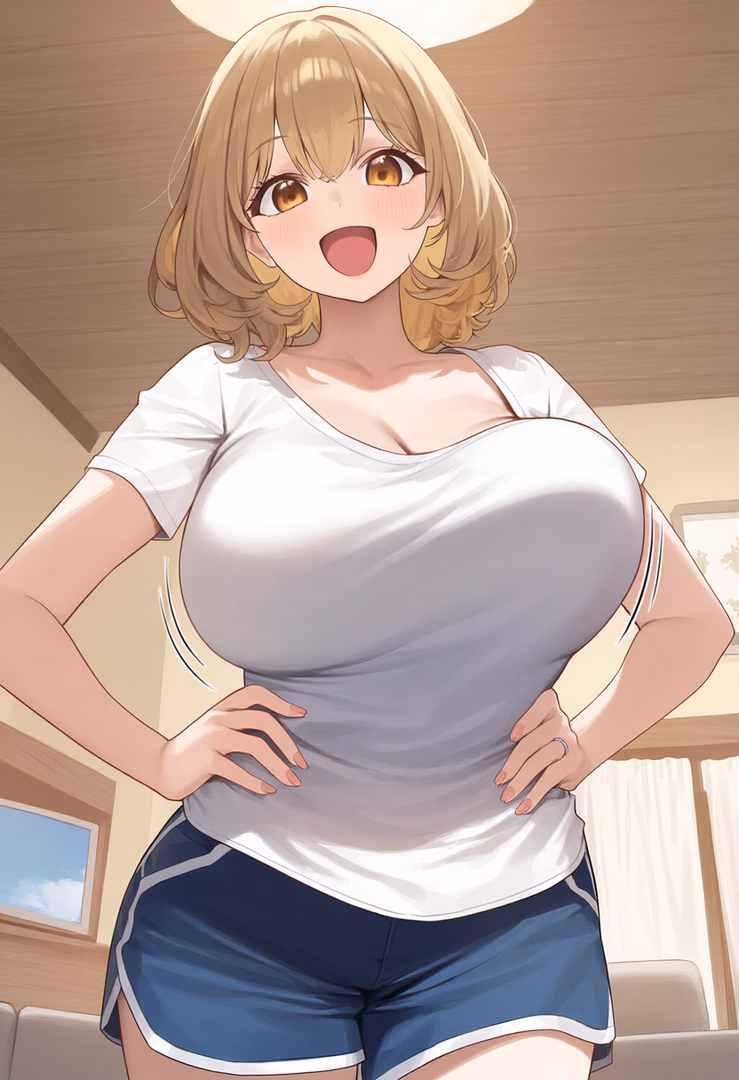 Character image - Happy expression, hands on hips, standing in bedroom, wearing white t-shirt and blue shorts, t-shirt