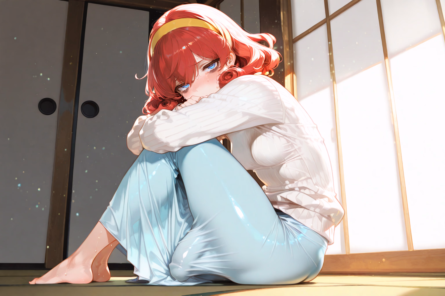 Character image - sad expression, sitting on floor with knees drawn up, hugging herself, tears in eyes, red hair with