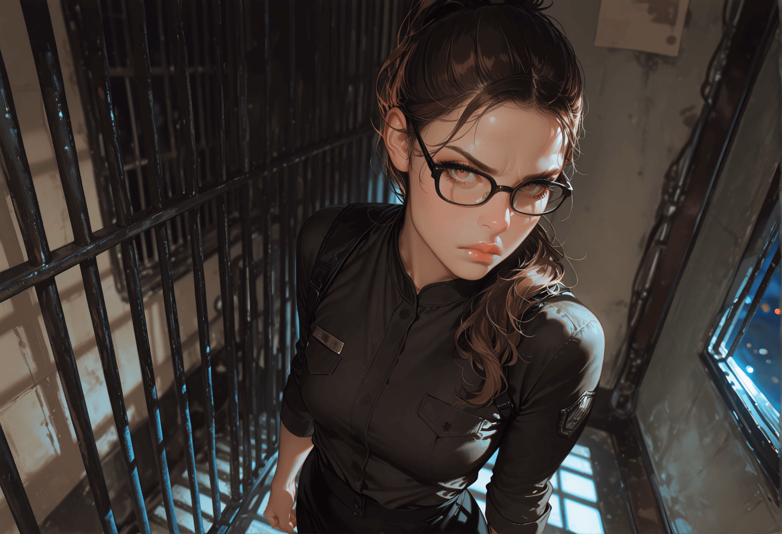 Character image - angry expression, standing in prison cell, wearing black uniform, glasses, hair tied up, intense gaz