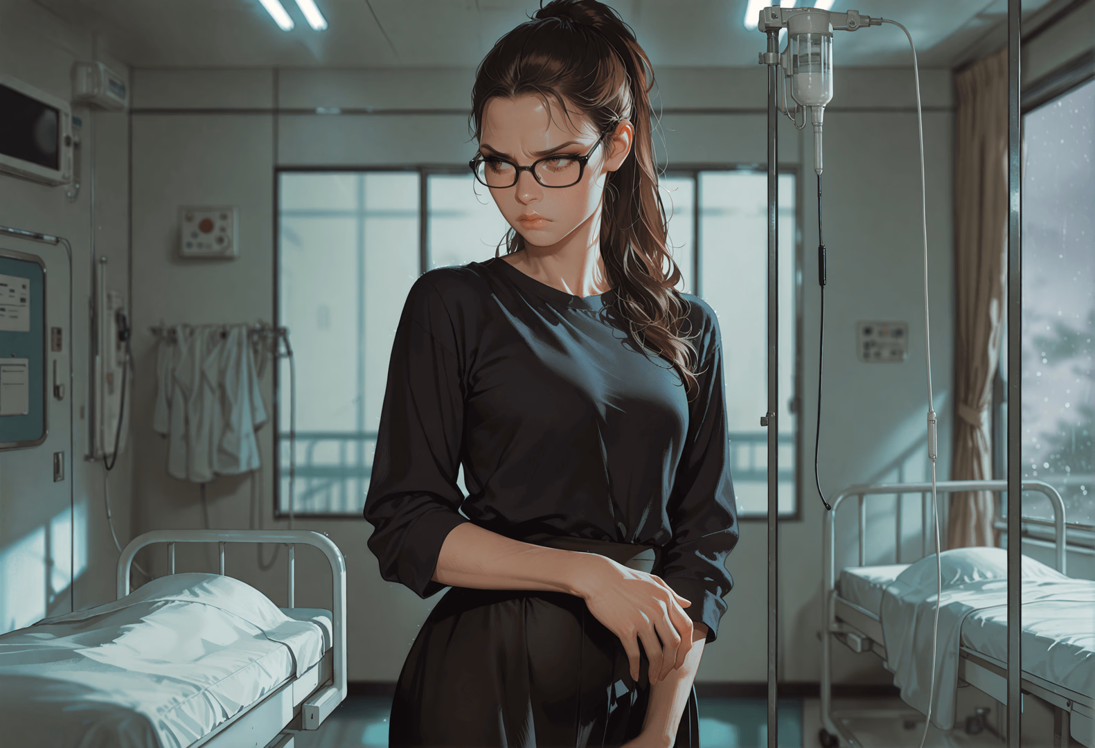 Character image - sad expression in hospital room, fully clothed in black dress, standing near bed with IV drip, conce