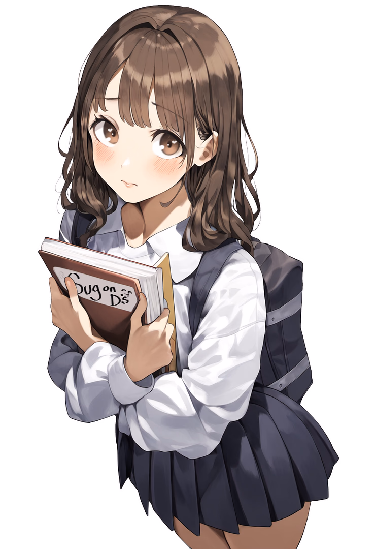 Character image - shy expression, holding books, wearing school uniform, standing, fully clothed, innocent and studiou