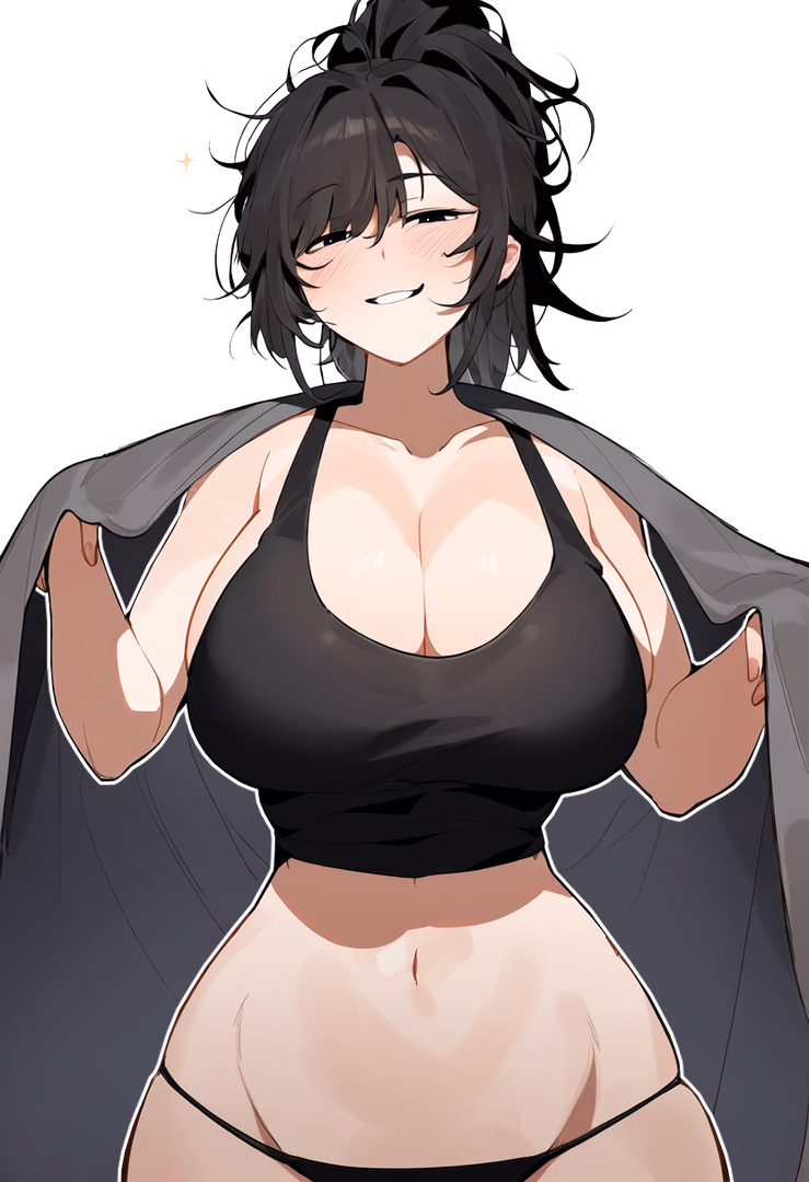 Character image - seductive expression, smiling with closed eyes, standing with arms spread wide, wearing black bra an