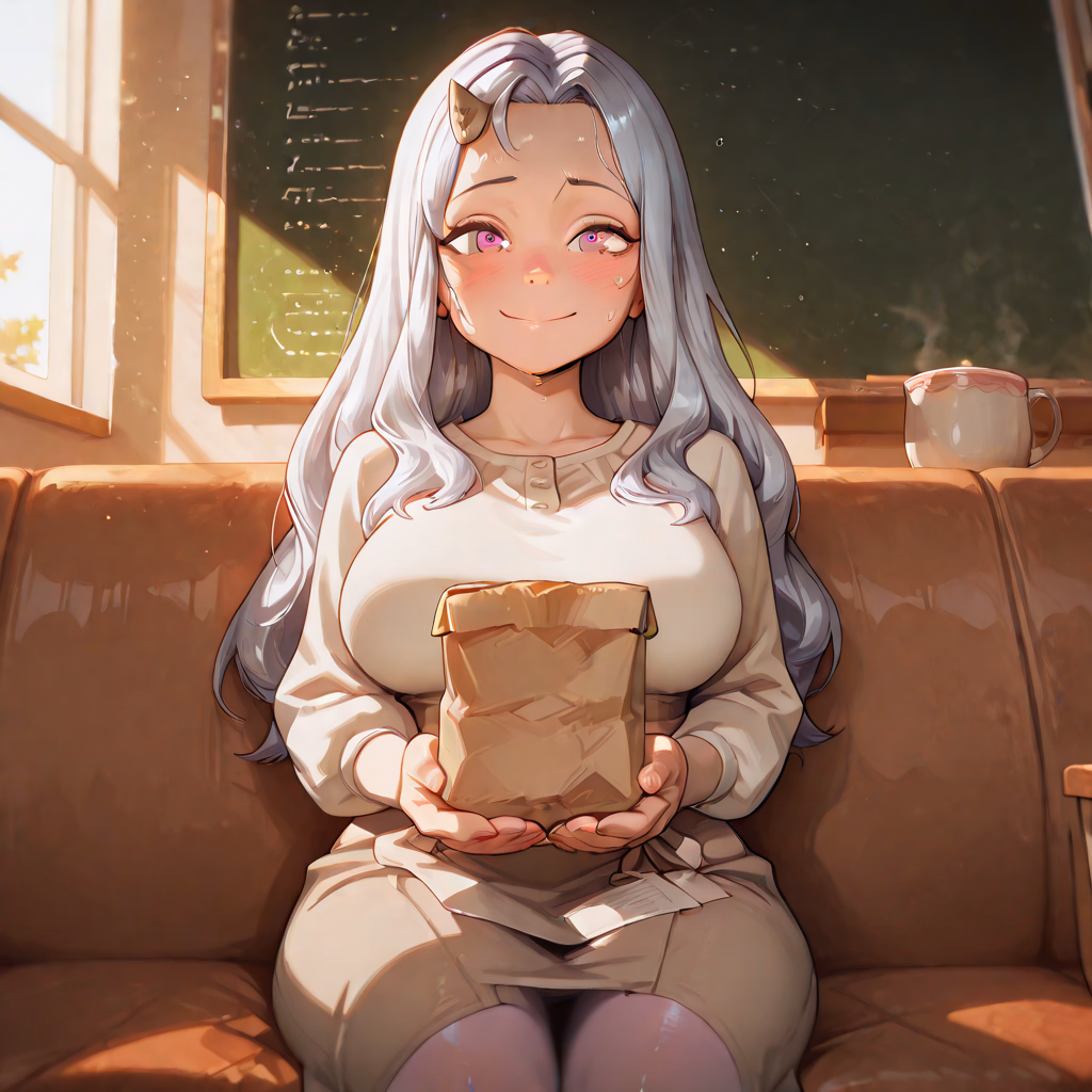 Character image - sitting on couch, holding paper bag, smiling happily, wearing long-sleeved dress, cozy cafe setting,