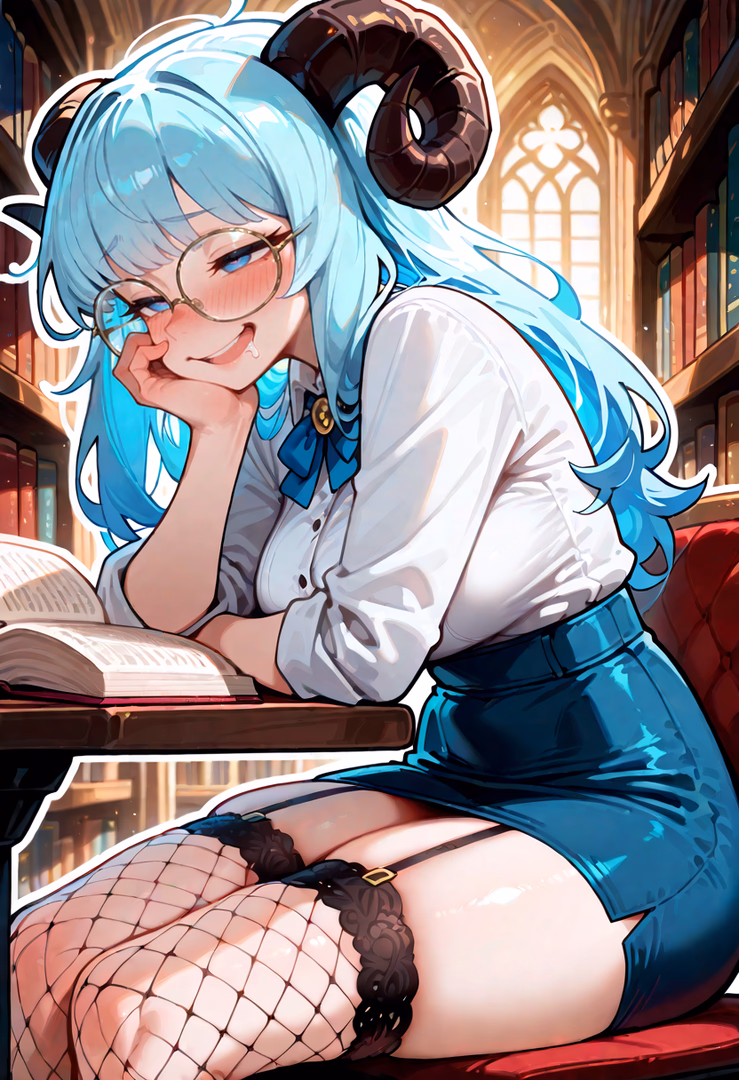 Character image - In library, sitting at desk, legs spread, wearing white shirt, blue skirt, fishnet stockings, and ga