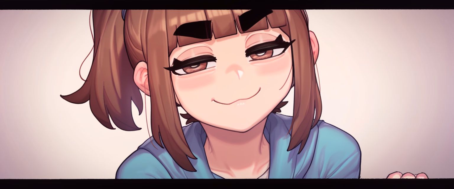 Character image - smiling with closed eyes, wearing a blue shirt, in a cozy indoor setting