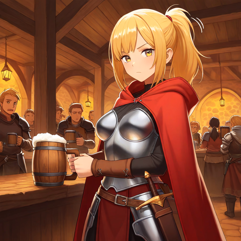 Character image - in tavern, wearing red cloak and armor, holding mug, serious expression, fully clothed, standing at