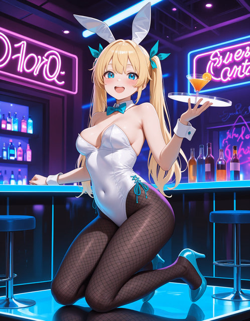 Character image - bunny girl in white bodysuit and fishnet stockings, kneeling at bar, holding cocktail, smiling seduc