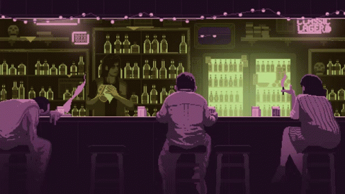 Character image - nude on bar stool, legs spread, seductive expression, topless with breasts visible, bartender in bac
