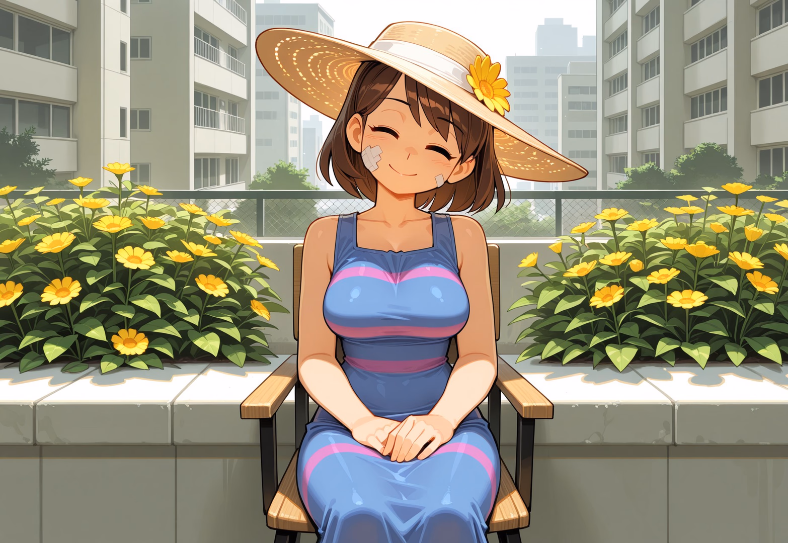 Frisk the human (Adult) - A gentle gardener with a mysterious past, Frisk tends her rooftop sanctuary with closed eyes and an 