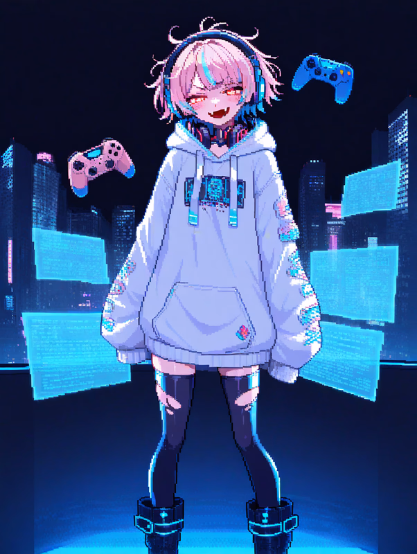 किरदार इमेज - Happy and playful expression, standing in a cyberpunk city at night, wearing a light purple hoodie w