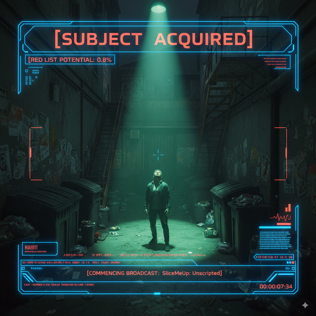 SliceMeUp: غير مكتوب - حياتك الآن بث مباشر في مشهد هولوماير الديستوبي. نَجُ في لعبة 