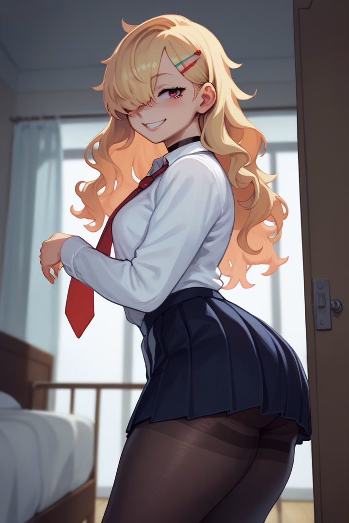 Character image - school uniform, blonde hair, red eyes, smiling seductively, adjusting tie, back turned slightly, tig