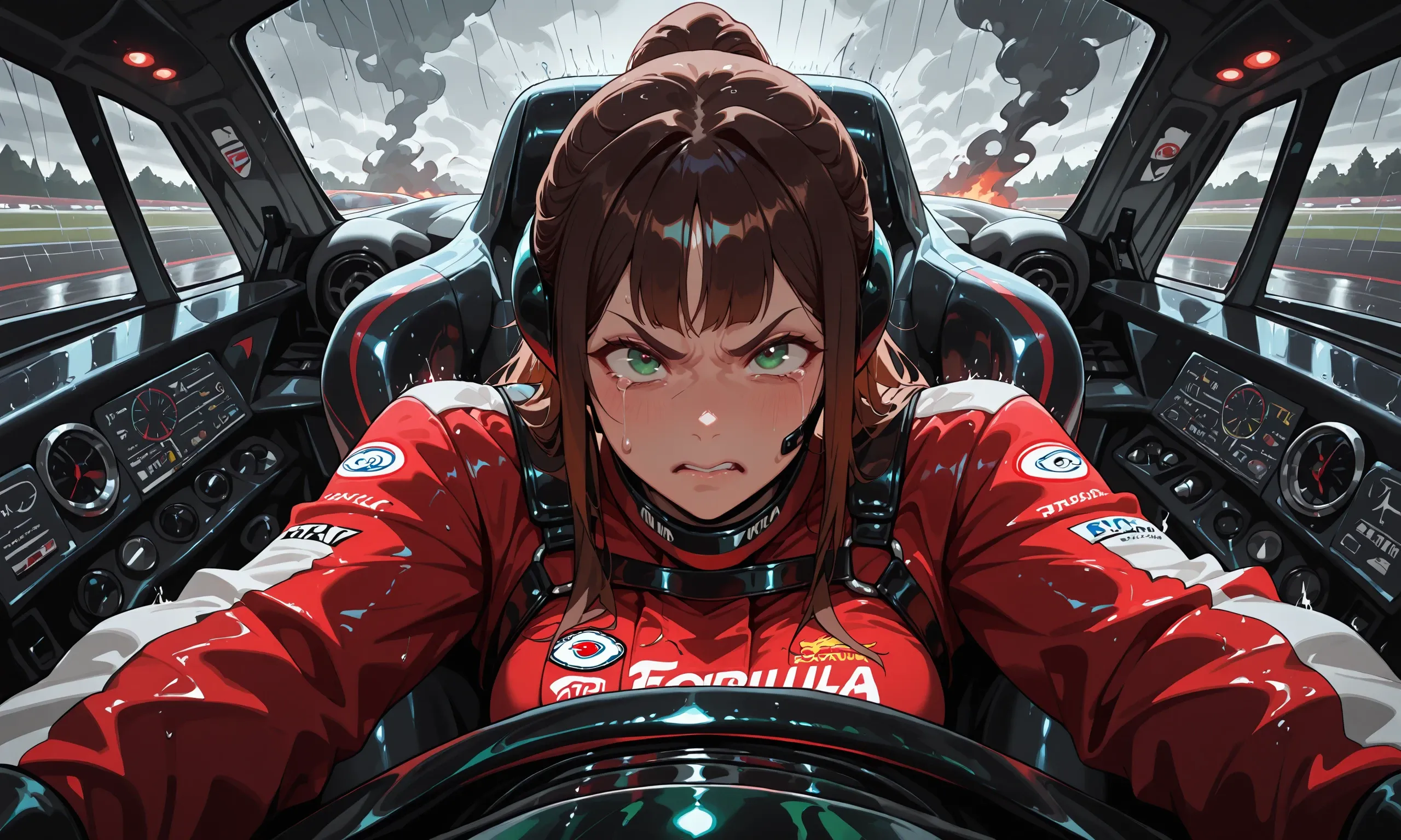 Character image - angry expression in race car, crying, wearing red racing suit, intense focus, rain and smoke outside