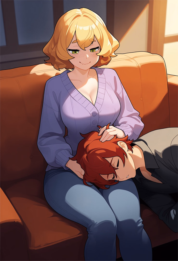 Character image - woman sitting on couch, smiling seductively, holding red-haired man's head on her lap, both fully cl