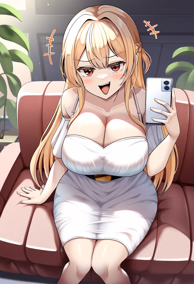 Character image - sitting on couch, holding phone, smiling excitedly, wearing white strapless dress, breasts fully exp