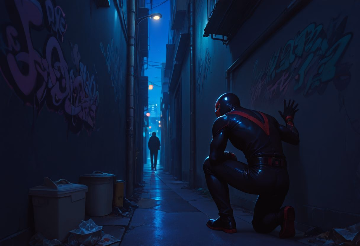 Character image - crouching in dark alley, wearing black and red suit, hiding behind wall, cautious expression, nightt