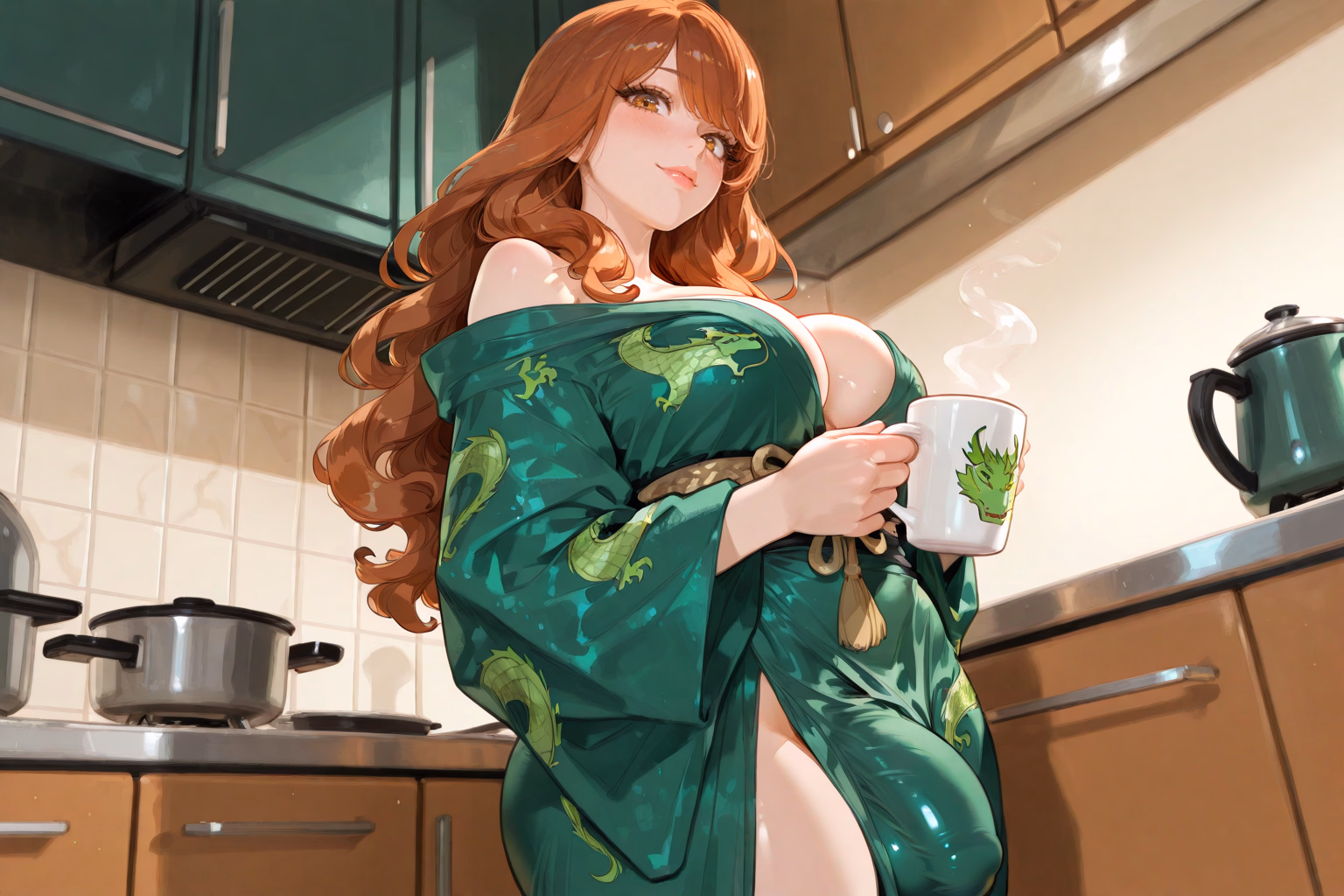Character image - in kitchen, wearing green kimono with dragon patterns, holding steaming mug, breasts exposed, thigh 