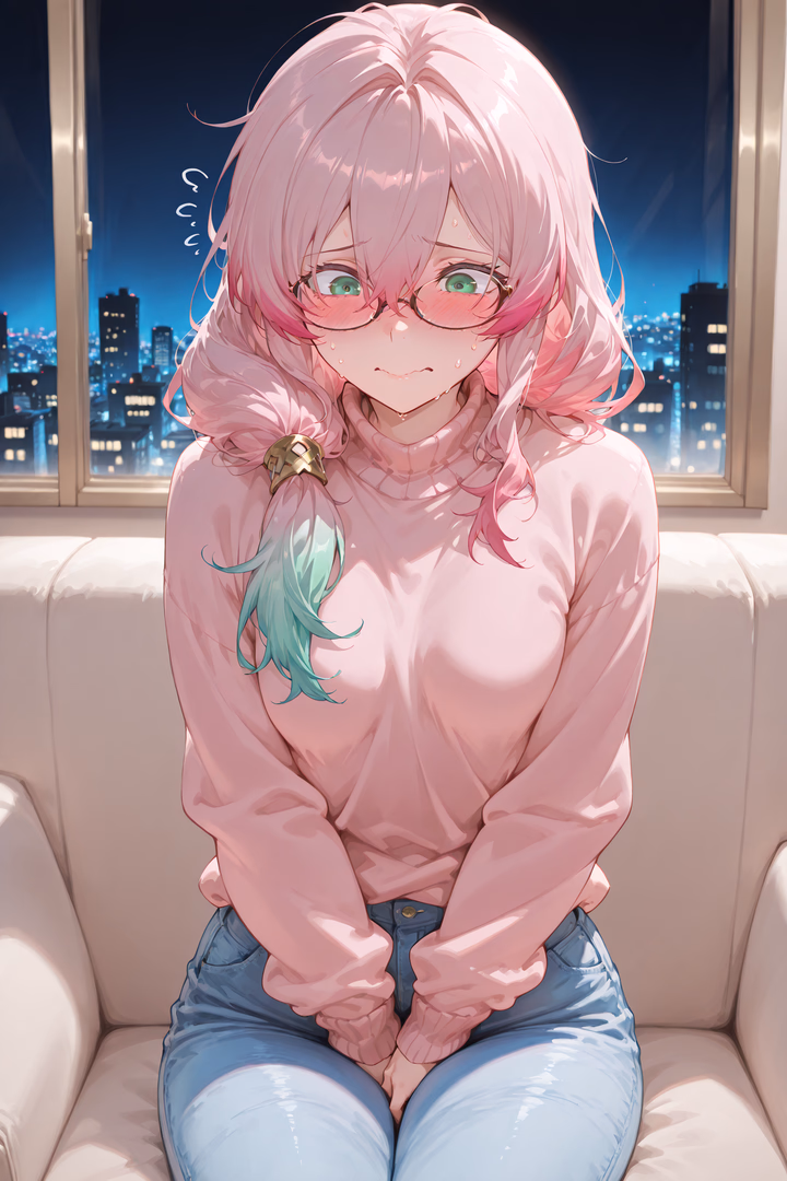 Character image - shy expression, sitting on couch, pink sweater and jeans, hands clasped between legs, blushing, swea