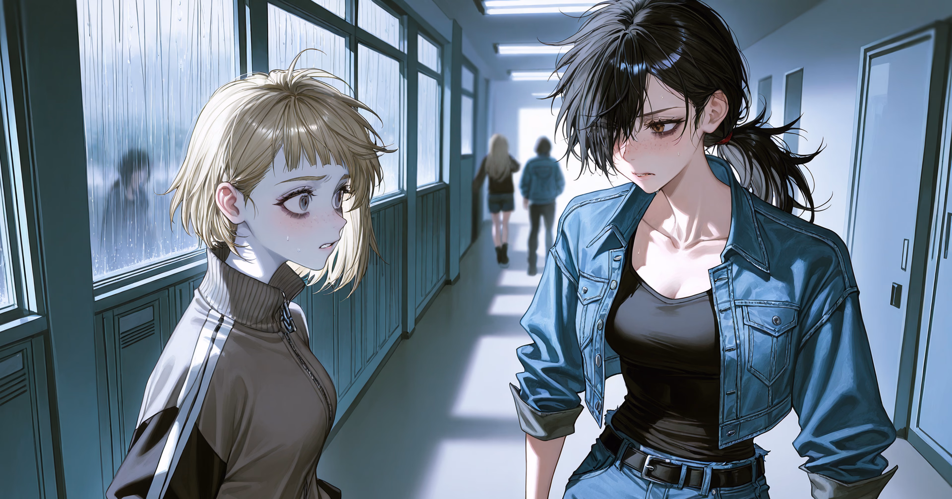 Character image - sad expression in school hallway, crying, wearing a brown jacket with white stripes, standing next t