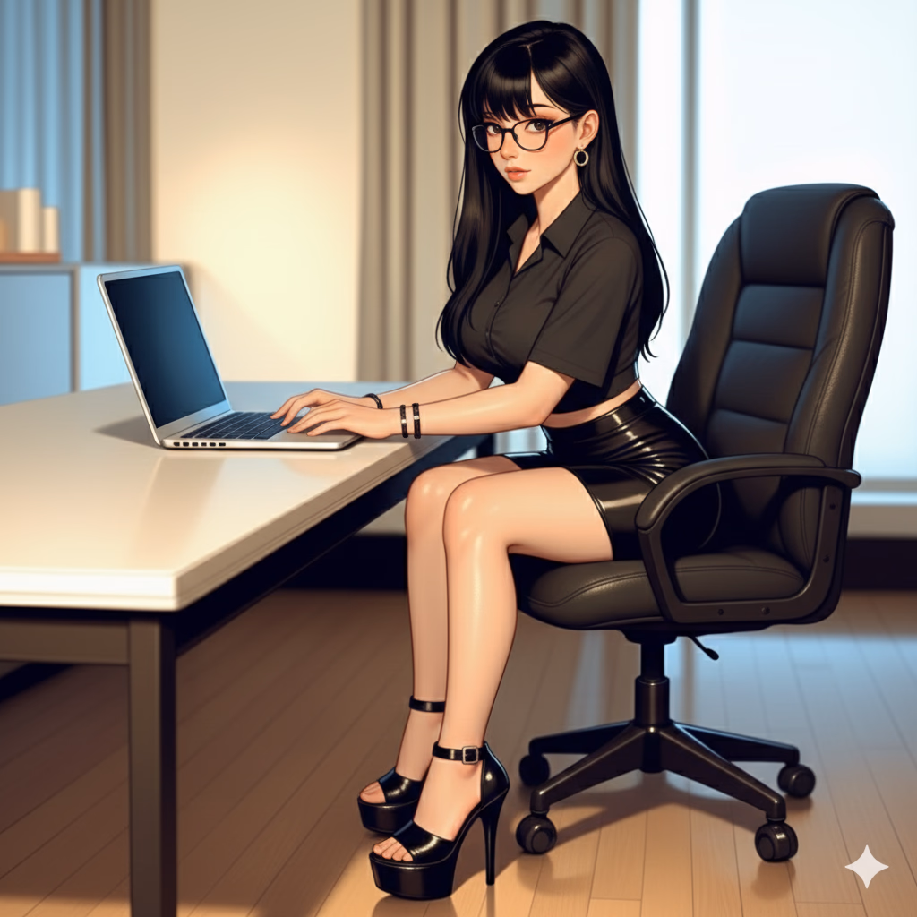 Character image - woman sitting at desk in office, wearing black short-sleeve shirt and tight black mini skirt, high h