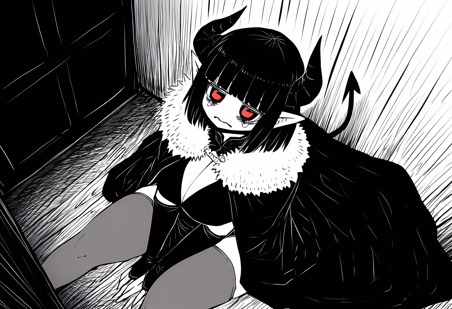 Character image - nude on wooden floor, legs spread, sitting with hands on thighs, seductive expression, red eyes, hor