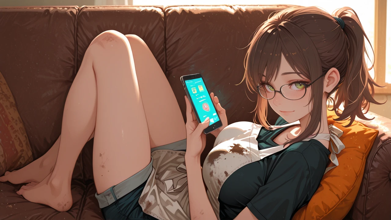 Character image - sitting on couch, legs spread, holding phone, wearing stained apron over shirt, cozy atmosphere, rel