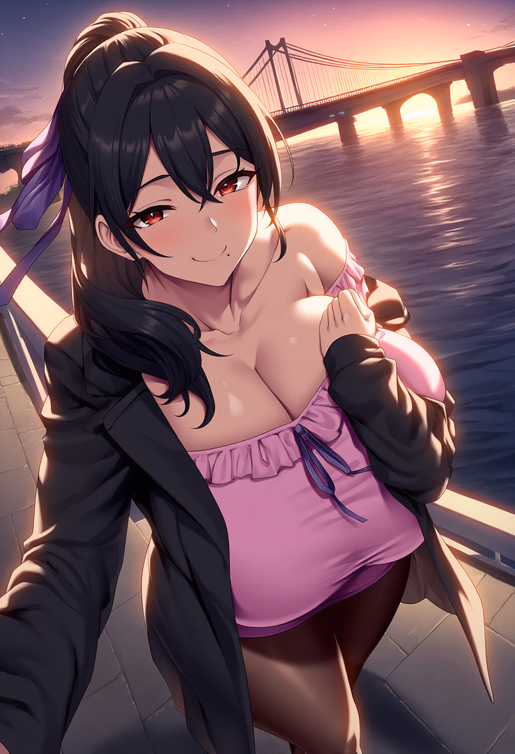 Character image - nude on dock, breasts exposed, legs slightly spread, smiling seductively, wearing open black coat, s