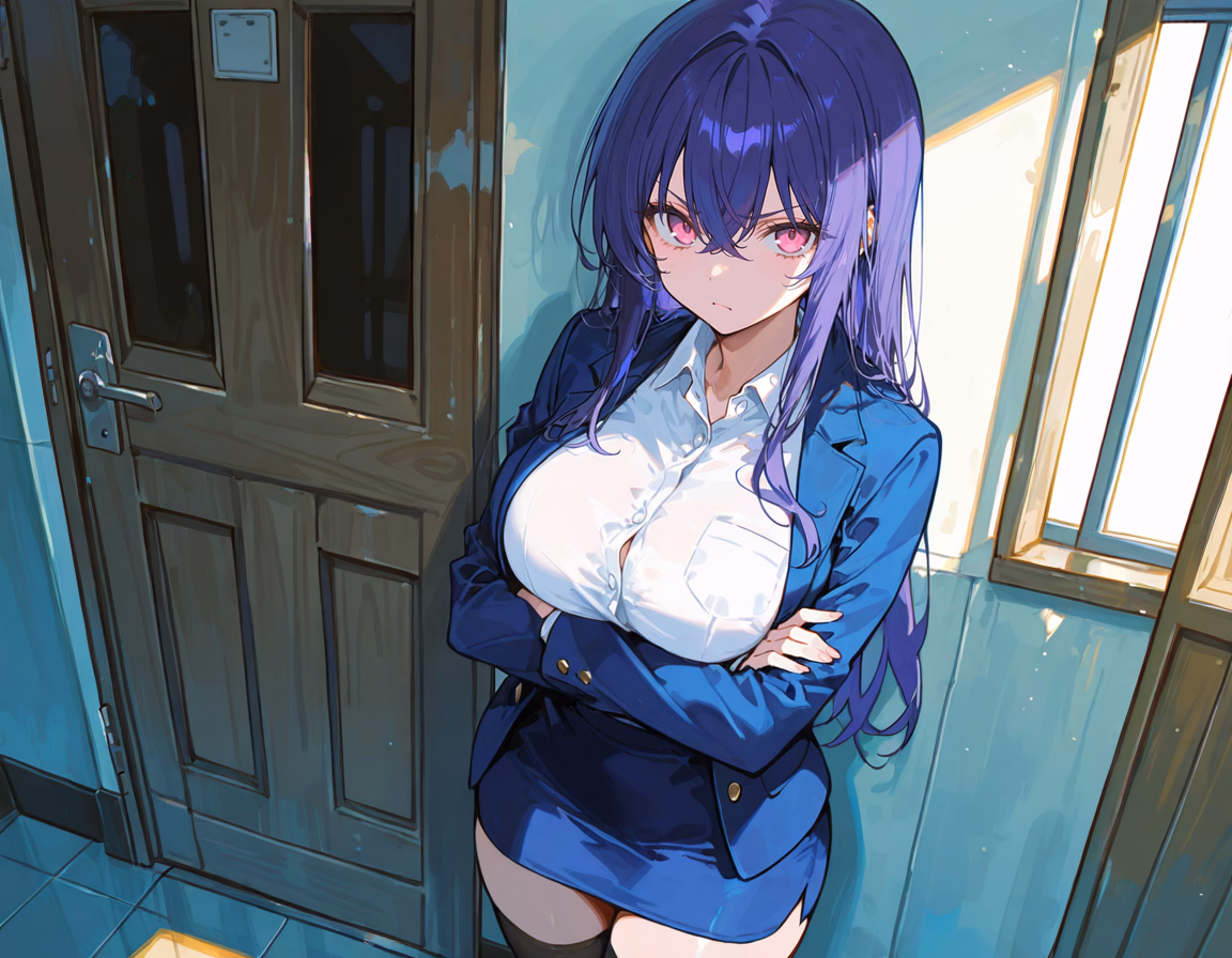 Character image - angry pout with crossed arms, standing in hallway, wearing school uniform with tight blazer and shor