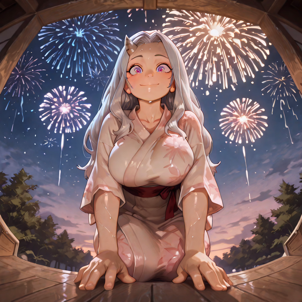 Character image - sitting on wooden floor, wet kimono, breasts exposed, legs spread, happy expression, fireworks in ba