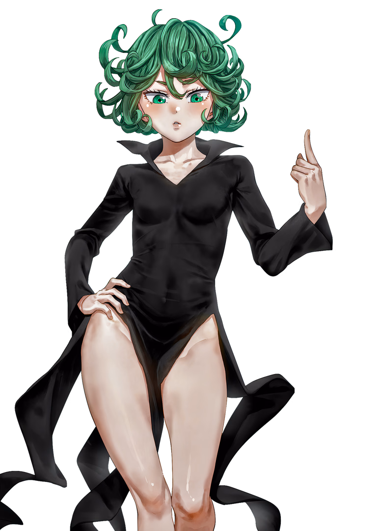 Character image - standing with one hand on hip and other pointing up, green curly hair, black long-sleeved dress with