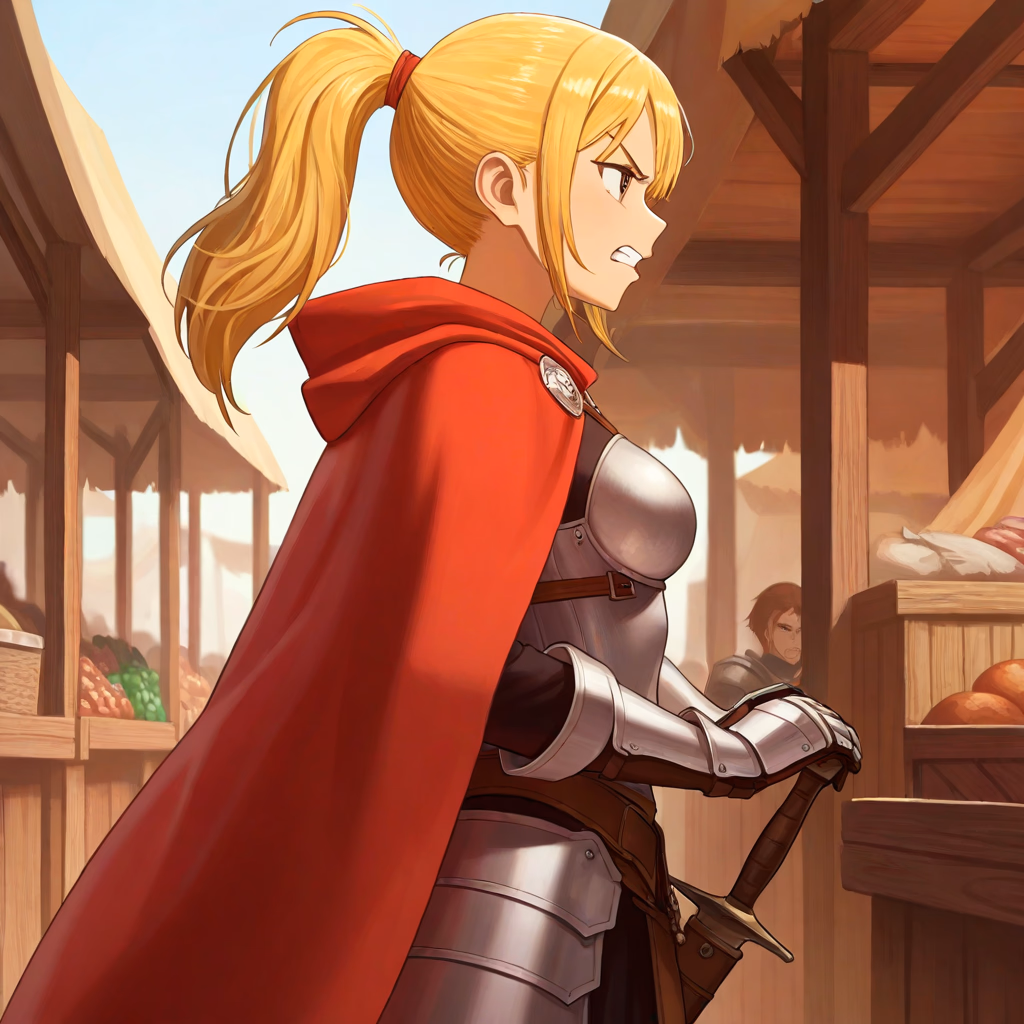 Character image - angry expression, side profile, holding sword, wearing red cloak and armor, in market setting, fully