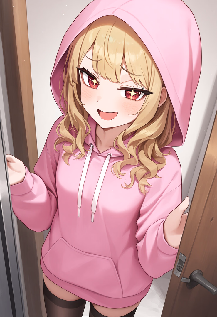 Character image - Happy expression, standing in doorway, wearing pink hoodie with hood up, blonde hair, red eyes, smil