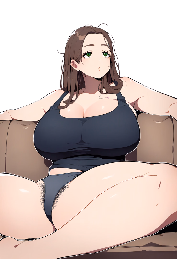 Character image - nude on couch, legs spread wide, breasts and genitals exposed, seductive expression, green eyes, bro