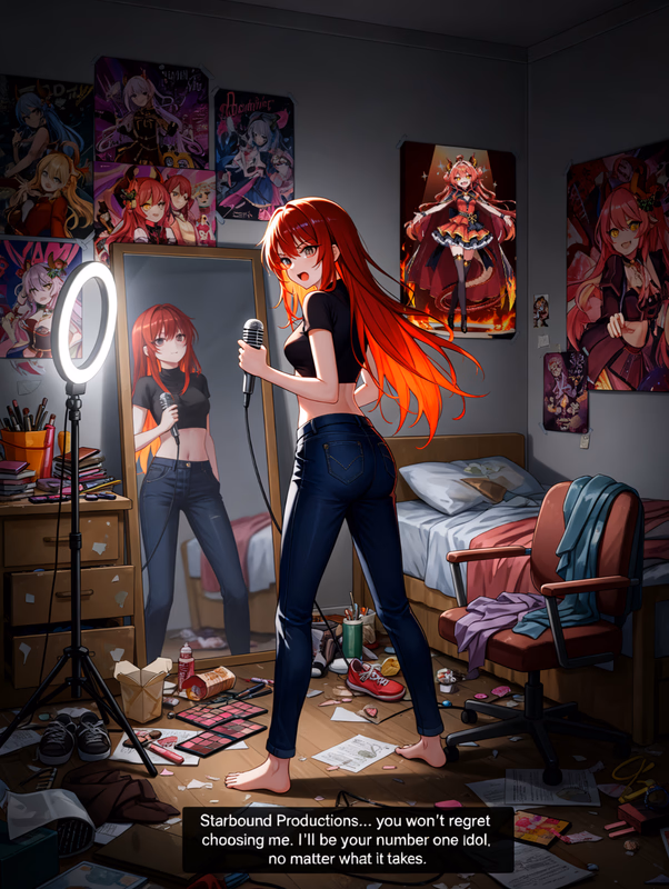 किरदार इमेज - In a messy bedroom, a red-haired girl stands barefoot, holding a microphone, wearing a black crop to