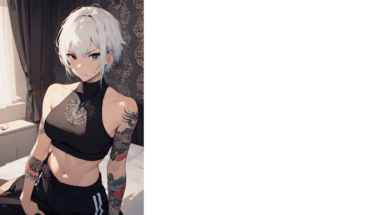 Character image - sitting on bed, fully clothed in black crop top and pants, tattoos on arms and shoulder, serious exp