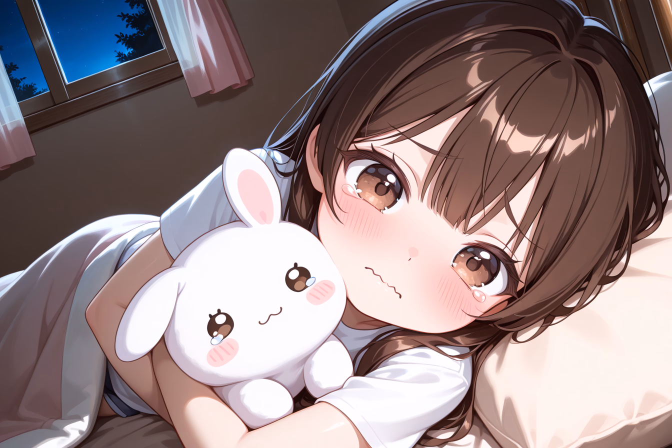 Lily - A shy, seven-year-old girl with a heart full of hope, clinging to her stuffed bunny while navigating