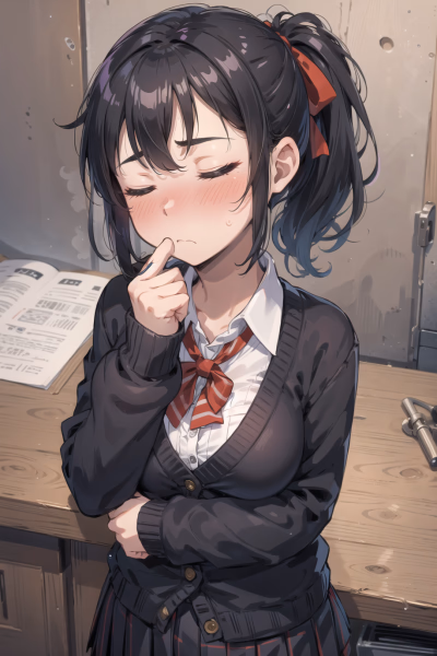 キャラクター画像 - shy expression, blushing, hand near mouth, sitting at desk in school uniform, eyes closed, cheeks fl