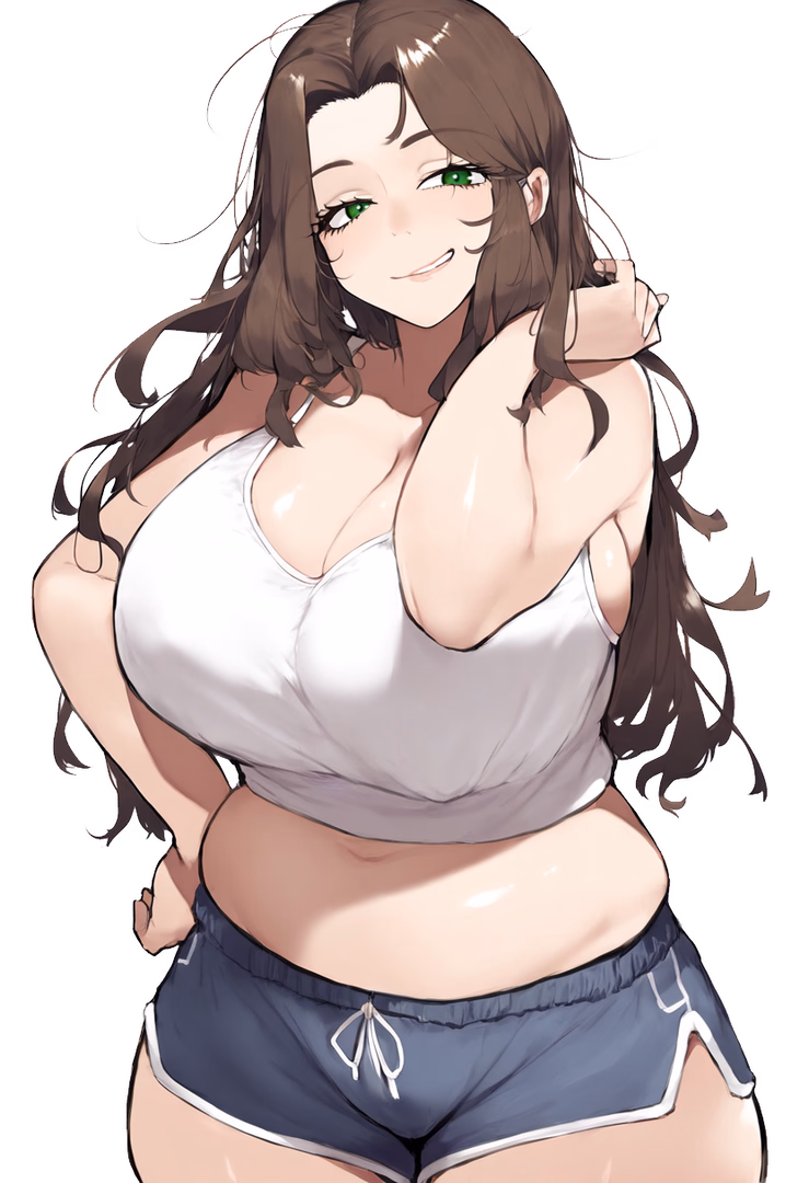 Character image - smiling seductively, hands behind head, wearing white crop top and blue shorts, breasts and midriff 