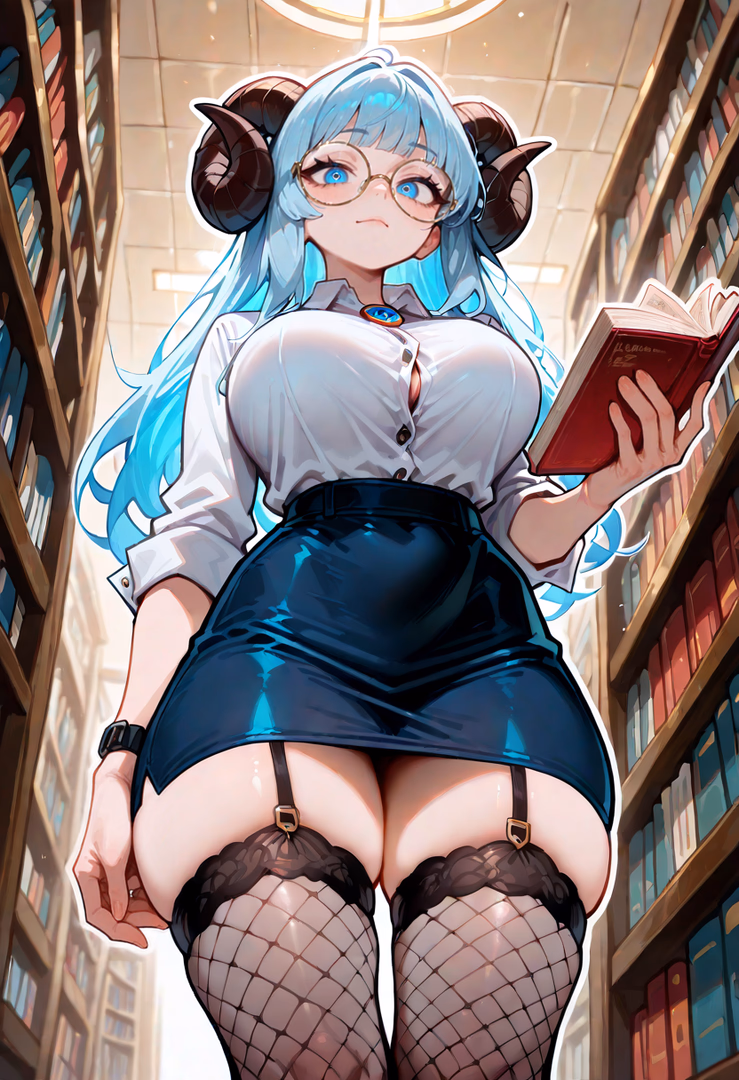 Character image - in library, standing between bookshelves, holding red book, wearing white button-up shirt, shiny bla