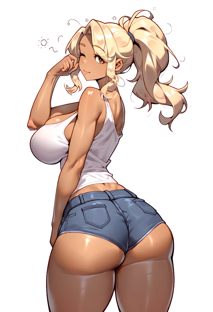 Character image - seductive expression, standing with hand on chin, wearing white tank top and blue denim shorts, back