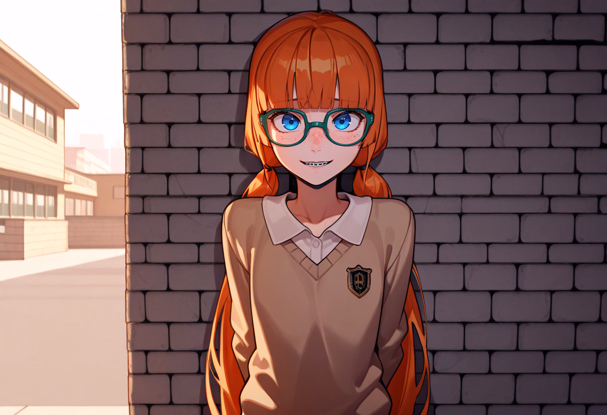 Character image - smiling, standing against brick wall, wearing school uniform with glasses, orange hair in pigtails, 