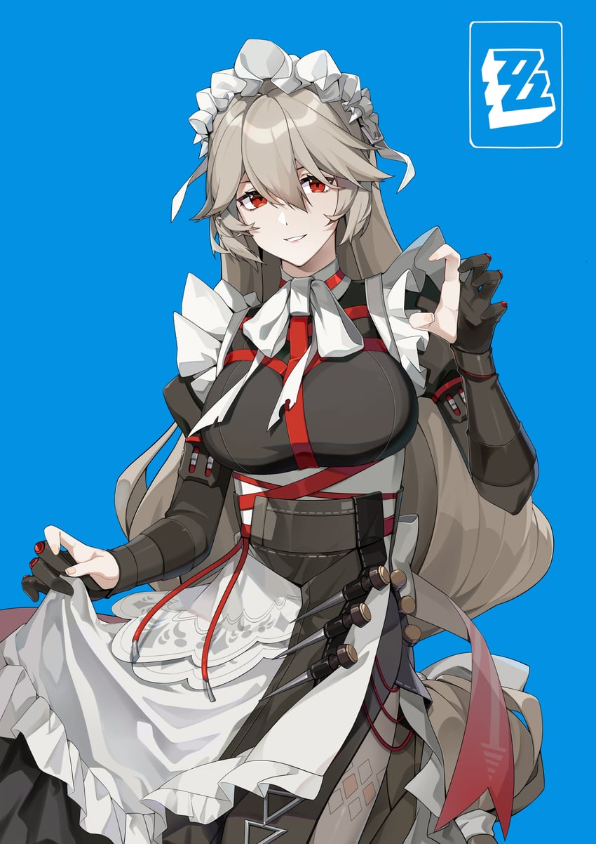 Character image - smiling seductively, sitting with legs slightly spread, wearing a revealing maid outfit with white f