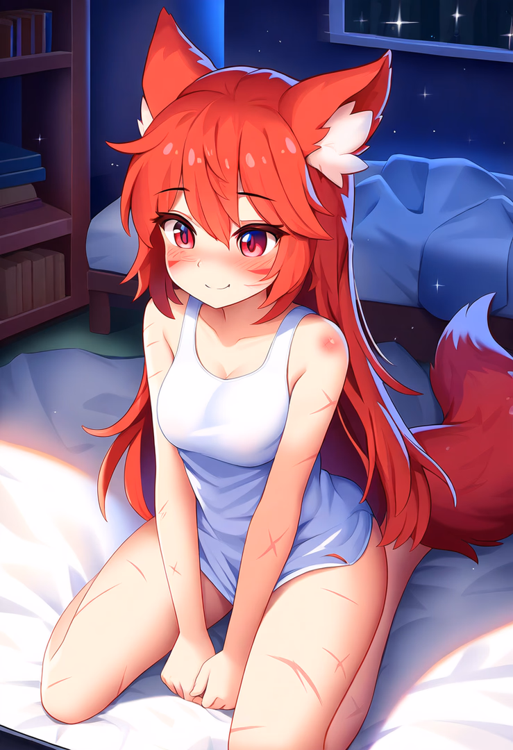 Character image - red fox girl with long red hair and ears, sitting on bed in white tank top and light blue shorts, sm