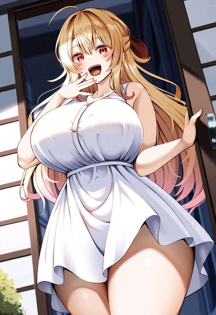 Character image - nude on doorstep, legs spread, breasts exposed, hand covering mouth, aroused expression, blushing, s